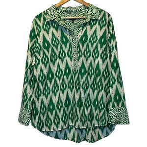 Talbots Leafy Ikat Border Tunic Women’s XL Petite Kelly Green White Popover Top